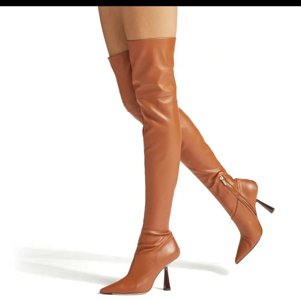 JIMMY CHOO Bryson 100 Tan Stretch Bonded Fabric Over-The-Knee‎ Boots Tan SZ 35.5